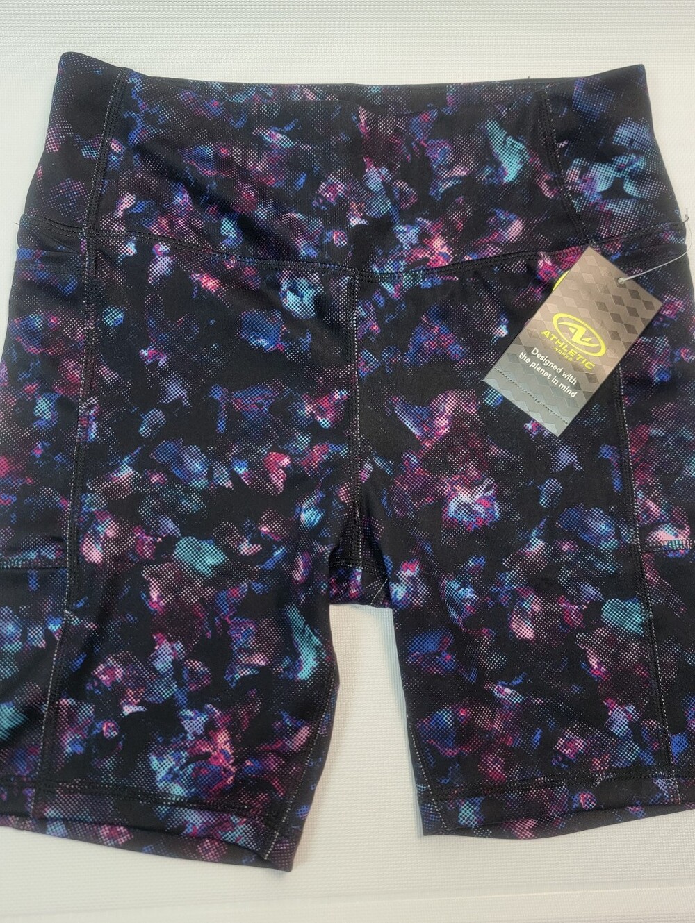 Athletic Works Black Bike Shorts Purple Teal Print Activewear Sports Stretchy